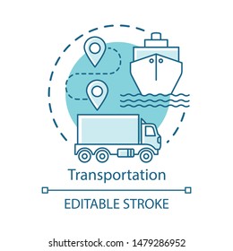 Transportation concept icon. Shipping by sea and by land. Route, ship, truck. Logistics and distribution. Cargo delivery idea thin line illustration. Vector isolated outline drawing. Editable stroke