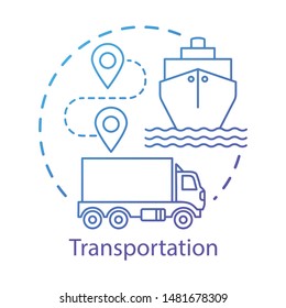 Transportation concept icon. Shipping by sea and by land. Route, ship, truck. Logistics and distribution. Cargo delivery idea thin line illustration. Vector isolated outline drawing. Editable stroke