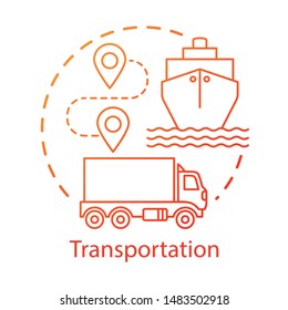 Transportation concept icon. Shipping by sea and by land. Route, ship, truck. Logistics and distribution. Cargo delivery idea thin line illustration. Vector isolated outline drawing. Editable stroke