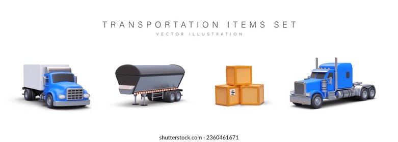 Transportation concept, set of realistic items. Truck, protected grain semi trailer, stack of boxes, tractor unit truck. Colored isolated icons. Vector illustration for carrier company