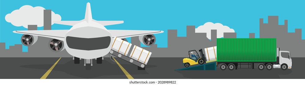 Transportation of conveying and unloading goods. Containers that slide down from the aircraft along the conveyor. Forklift cars load containers onto container trucks. Airport and city for background.