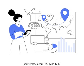 Ilustración vectorial de optimización de costos de transporte abstracta. La persona se ocupa del análisis de la cadena de suministro, los negocios de exportación, el comercio exterior, la metáfora abstracta de la gestión del transporte de mercancías.