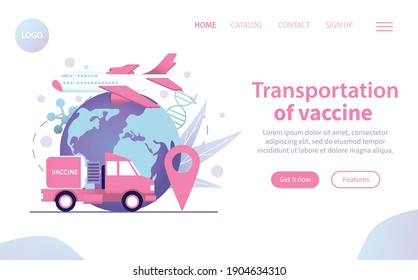 Transportation of covid19 vaccine web site page with flat icons of truck earth plane vector illustration