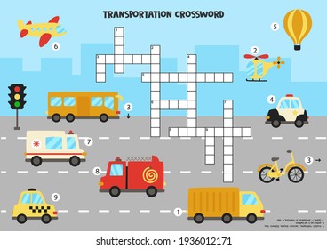 Transportation crossword puzzle. Colorful transport for kids. Educational game for children.