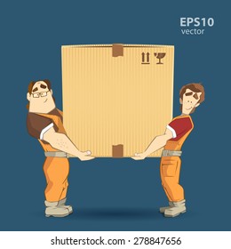 Transportation and delivery company illustration. Two workers mover man holding and carrying big heavy carton cardboard box. 3d color vector creative concept with characters.