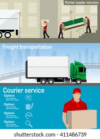 Transportation and delivery company illustration. Two workers mover man holding and carrying sofa, small freight, Courier service, Color vector creative conceptflat icons