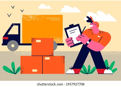 Transportation and delivery logistics concept. Young smiling man worker standing with delivery document and parcels with truck minibus on background vector illustration 