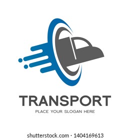 Transportation or delivery vector logo template. Moving truck with shipping package. Car with high speed and suitable for shipment, company, logistic and circle badge.