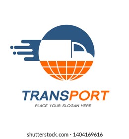 Transportation or delivery vector logo template. Moving truck with shipping package and earth world symbol. Car with high speed and suitable for shipment, company, logistic and circle badge.