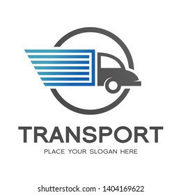 Transportation or delivery vector logo template. Moving truck with shipping package. Car with high speed and suitable for shipment, company, logistic and circle badge.
