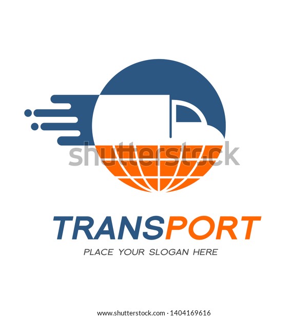 Transportation or delivery vector logo template.\
Moving truck with shipping package and earth world symbol. Car with\
high speed and suitable for shipment, company, logistic and circle\
badge.