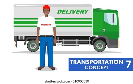 Transportation. Detailed Illustration Of Delivery Truck And African American Driver On White Background In Flat Style. Vector Illustration.