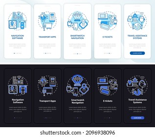Transportation digital onboarding mobile app page screen. Route walkthrough 5 steps graphic instructions with concepts. UI, UX, GUI vector template with linear night and day mode illustrations