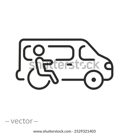 transportation of disabled persons icon, special transport for man in wheelchair, van for disability, thin line vector illustration