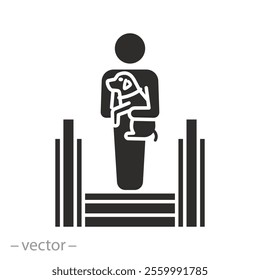 transportation of dogs on the escalator, safety rule on escalator icon, holding animal in hands,  human with a pet, flat vector illustration