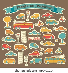 Transportation Doodle icon set with isolated cartoon cars trees motos and traffic light vector illustration