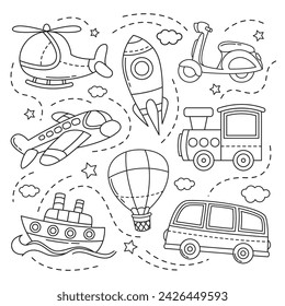 Transportation doodle illustration with outline
