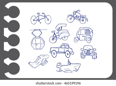 transportation doodle set on white paper