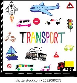 transportation doodle vector illustration, transportation tools hand drawing, transportation sketch doodle