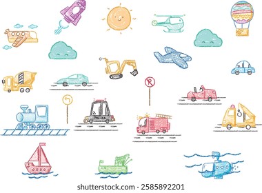 Transportation drawings with crayon. Kids doodle drawing