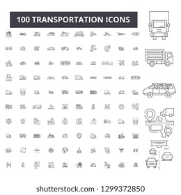 Transportation editable line icons, 100 vector set, collection. Transportation black outline illustrations, signs, symbols