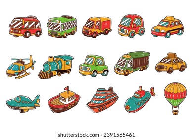 Transportation element hand-drawn vector illustration set