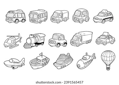 Transportation element hand-drawn vector outline sketch illustration set