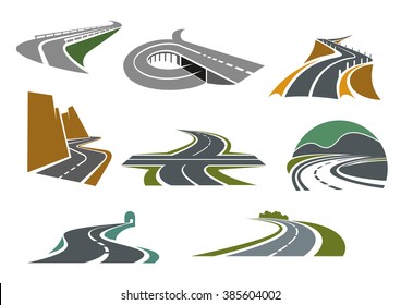 Transportation emblems and traveling symbols design with crossroad, highway with ramp, mountain roads, tunnel, rural bypass freeway icons