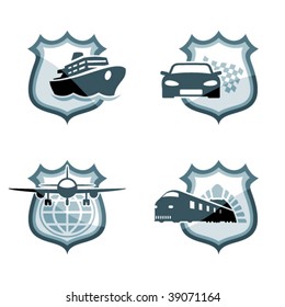 Transportation emblems. Vector icons of car, plane, ship and train