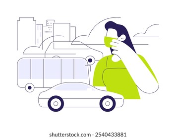 Transportation emissions abstract concept vector illustration. Woman in mask, gas emissions, ecology industry, environmental problem, climate change, global warming, car exhaust abstract metaphor.