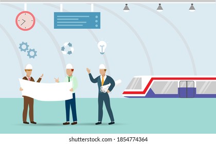 Equipo de ingeniería de transporte con planos de proyectos discutiendo el plan del proyecto en la estación de metro subterráneo. Construcción de infraestructura y concepto innovador de tecnología de transporte.