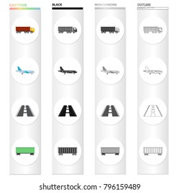 Transportation, equipment, communication and other web icon in cartoon style. Container, railway, cargo, icons in set collection.