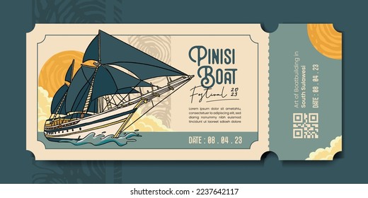 Transportation event voucher ticket with Pinisi Boat South Sulawesi hand drawn illustration