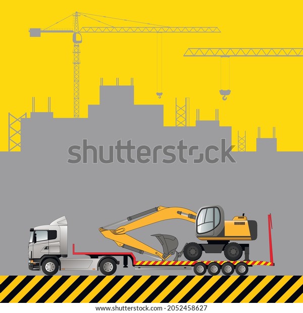 Transportation of the excavator on a low\
loader. Construction machinery on the background of a building\
under construction. Flat vector\
illustration.