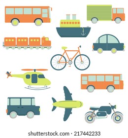 Transportation facilities. Transportation facilities in a white background: car, bus, bus travel, ship, truck, train, bike, helicopter, 4x4 car, airplane, motorbike. Isolated.