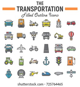 Transportation filled outline icon set, transport symbols collection, vehicle vector sketches, logo illustrations, navigation signs colorful line pictograms package isolated on white background