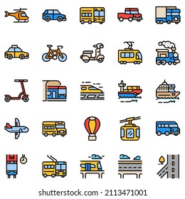 Transportation filled outline vector icon set. A collection such as steam locomotive, sky train, taxi, high-speed rail, and cargo. Editable stroke 64x64 pixels.