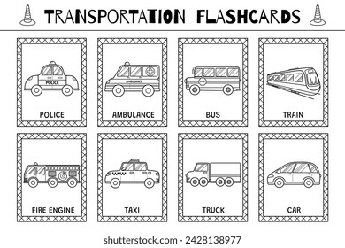 Transport-Karteikarten Schwarz-Weiß-Sammlung für Kinder. Fahrzeuge Blitzkarten für Schule und Vorschule in Umrissen zum Färben. Krankenwagen, Feuerwehrfahrzeug, Polizei und andere Autos. Vektorgrafik