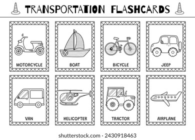 Transportation flashcards black and white collection for kids. Vehicles flash cards set for school and preschool in outline for coloring. Van, motorcycle, tractor and other cars. Vector illustration