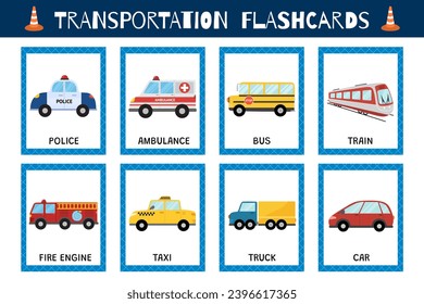 Transportation flashcards collection for kids. Vehicles flash cards set for school and preschool. Ambulance, fire engine, police and other cars. Vector illustration