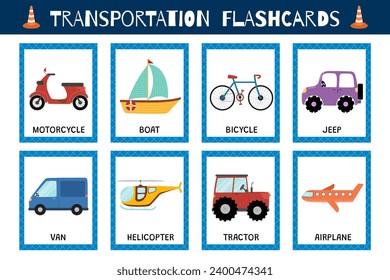 Transportation flashcards collection for kids. Vehicles flash cards set for school and preschool. Van, motorcycle, tractor and other cars. Vector illustration