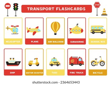 Barajas de transporte para niños de preescolar. Tarjetas educativas.