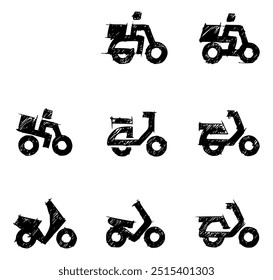 Transportation for food delivery service, icon set of bike, bicycle, kick scooter, and longboard. Electric transport icons for rental service. Isolated vector illustration