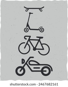 Transportation for, icon set of bike, bicycle, motorcycle, kick scooter, and longboard. transport icons for rental service. Isolated icon vector 