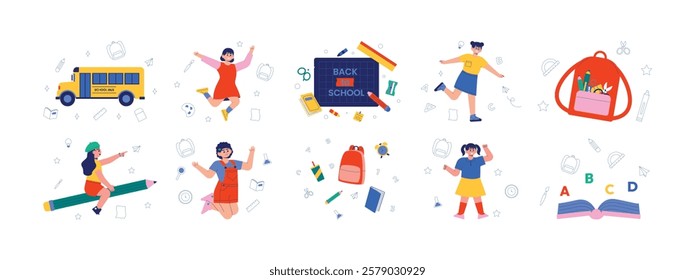 Transportation in the form of a bus to take enthusiastic children back to school with complete school supplies, vector illustration.