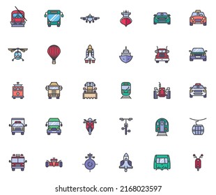 Transportation front filled outline icons set, line vector symbol collection, linear colorful pictogram pack. Signs, logo illustration, Set includes icons as sport car, construction truck, vehicle