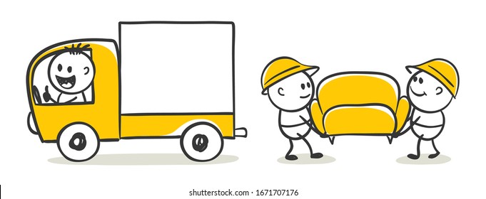 Сargo transportation. Funny little men carry a sofa in a truck, vector illustration.