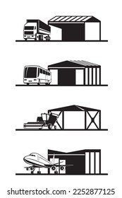 Garajes y depósitos de transporte - ilustración vectorial