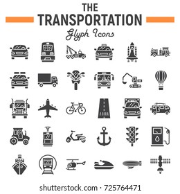 Transportation glyph icon set, transport symbols collection, vehicle vector sketches, logo illustrations, navigation signs solid pictograms package isolated on white background, eps 10.