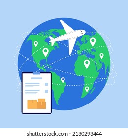 Transportation of goods around world, globe delivery service order on airplane. International logistic. Vector illustration